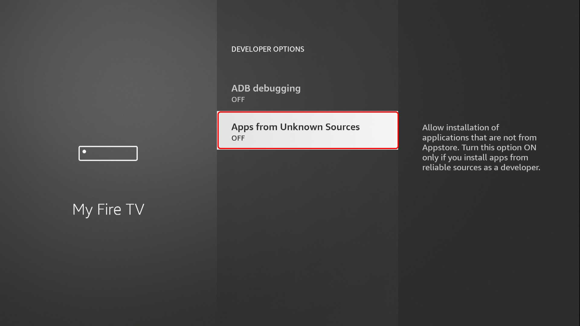 Опция “Apps from Unknown Sources” Amazon Fire TV Stick
